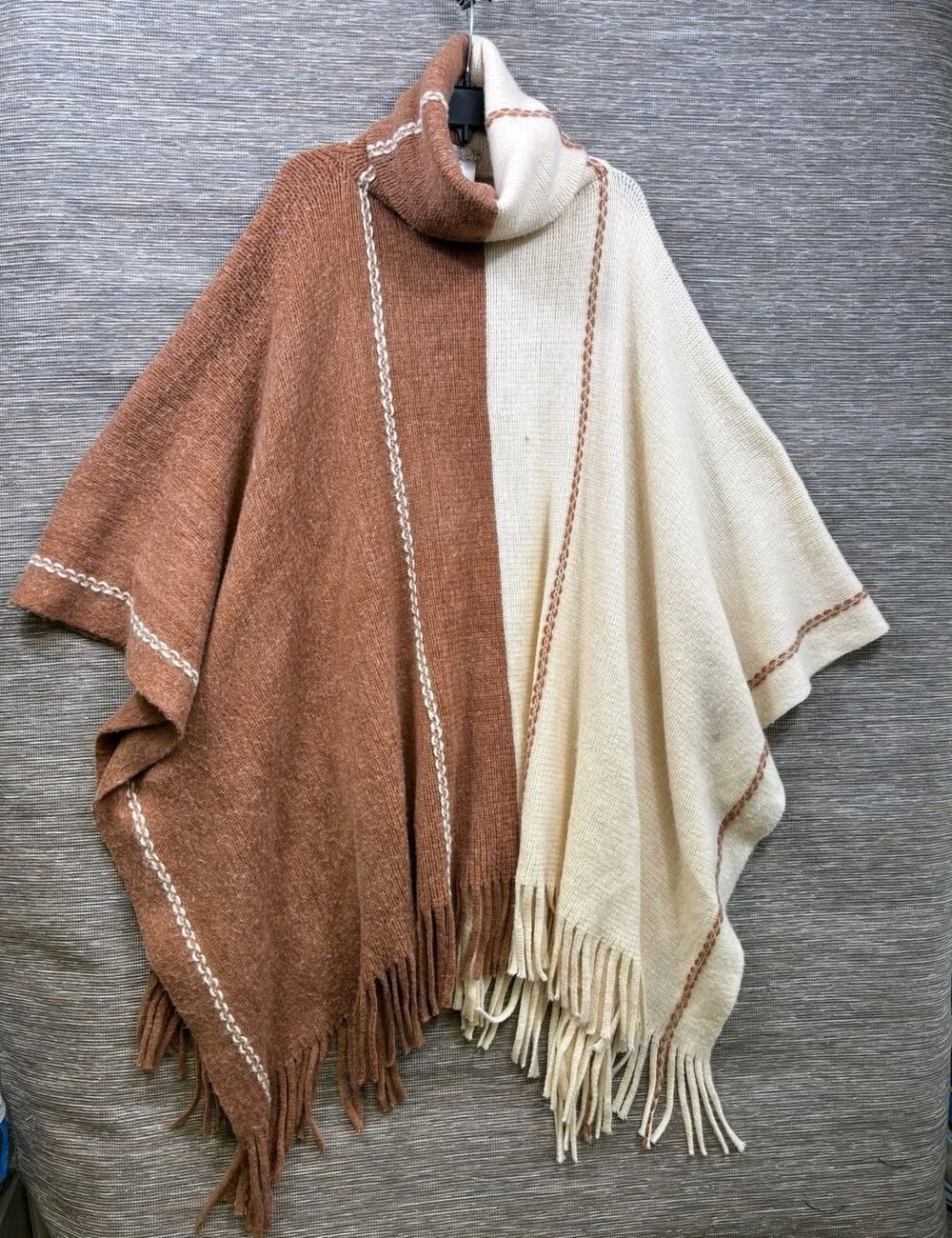 Free People Sweater Cape Womens OS Multicolor Turtleneck Fringe Knit Poncho Cozy